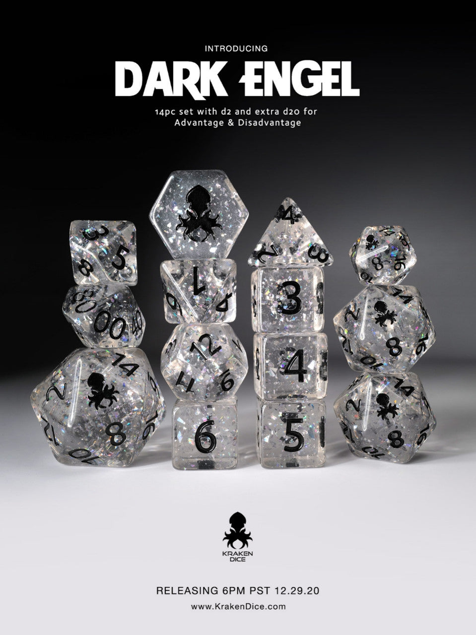 Dark Engel Hologlitter Dice Set with Silver Ink